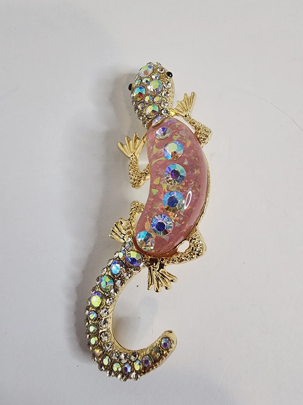 Gold & Pink Jeweled Gecko Brooch - Sparkling Accent.  NWOT.  2.75
